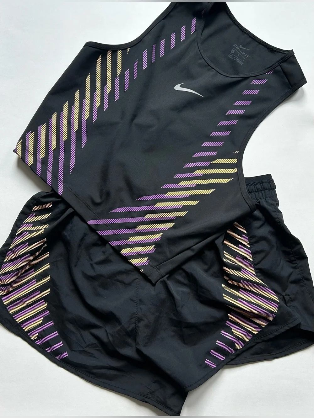 Nike Dri-FIT Running Set — Black with Purple/Gold Print, Size M